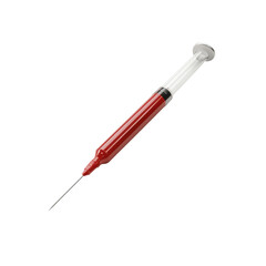 Fototapeta premium Red-Filled Syringe with Needle Isolated on Black Background