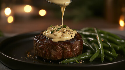 A beautifully plated gourmet steak topped with rich sauce, paired with fresh green beans, exuding a warm, inviting atmosphere.