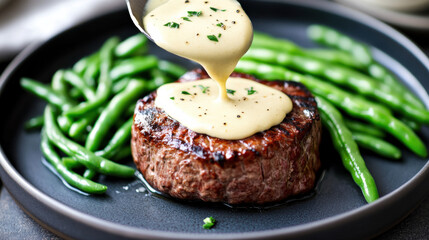 A beautifully plated grilled steak topped with creamy sauce, accompanied by vibrant green beans, showcasing a delicious gourmet meal.