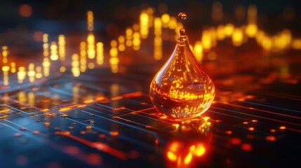 A glowing droplet on a digital circuit board with illuminated data graphs and futuristic orange lighting effects.