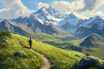 Trail To Mountain. Hiker Enjoying Freedom Among Alpine Landscape