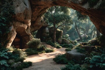 Enchanted forest entrance through rocky archway