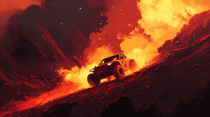 Off-road buggy driving through fire and mud. [Volcanic Temples] | Radiant Ash | burning dust. Illustration