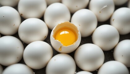 A close-up shot of fresh white eggs in a carton, with one egg cracked open, revealing a bright yellow yolk. The image highlights the freshness and natural beauty of eggs