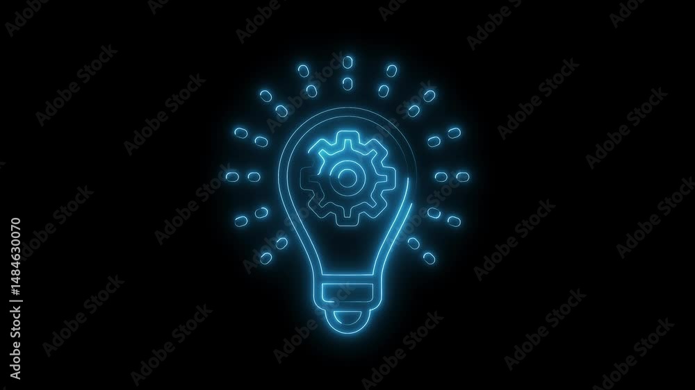 Poster glowing outline animation of a lightbulb with gear inside symbolizing idea generation and innovation