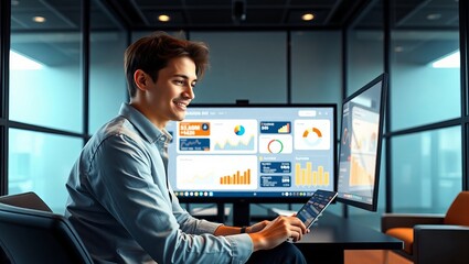 Fototapeta premium A young Caucasian man smiles while using a tablet in a modern office, surrounded by digital analytics on screens.
