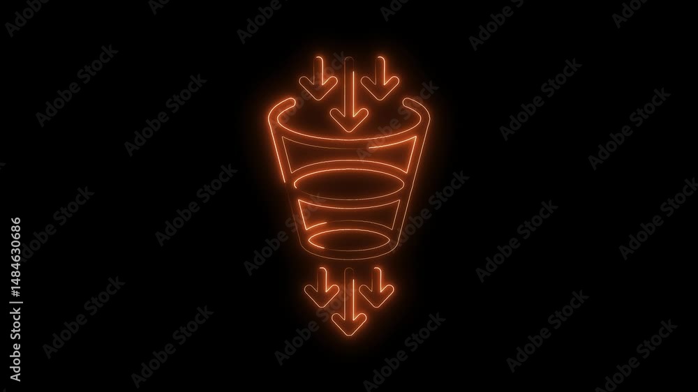 Poster funnel analysis with arrows glowing orange line illustration on black background for data conversion