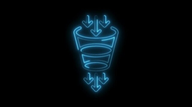 Neon funnel with arrows showing conversion process on black background motion graphic
