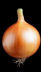 Isolated Onion, Vibrant Yellow-Brown Skin, Smooth Texture, on Black, Food Photography.