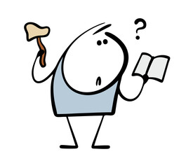 Cartoon man has found a poisonous mushroom in the forest and is studying it in an encyclopedia book. Vector illustration of danger in nature and forest.
