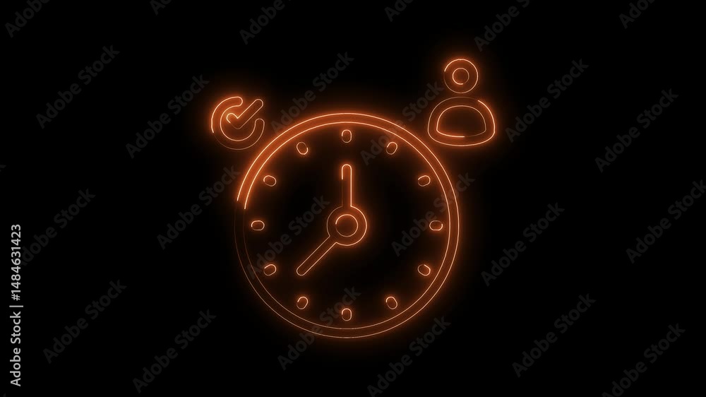 Poster neon alarm clock with checkmark and user icon glowing on black background
