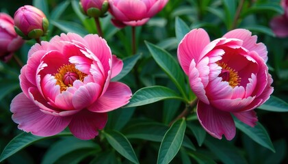 Fototapeta premium Bold peony blooms & lush foliage, vibrant repeat, peonies, background