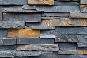 Grey and gold stone cladding creates a textured, rustic wall surface. Use as a background for design, construction or natural material concepts.