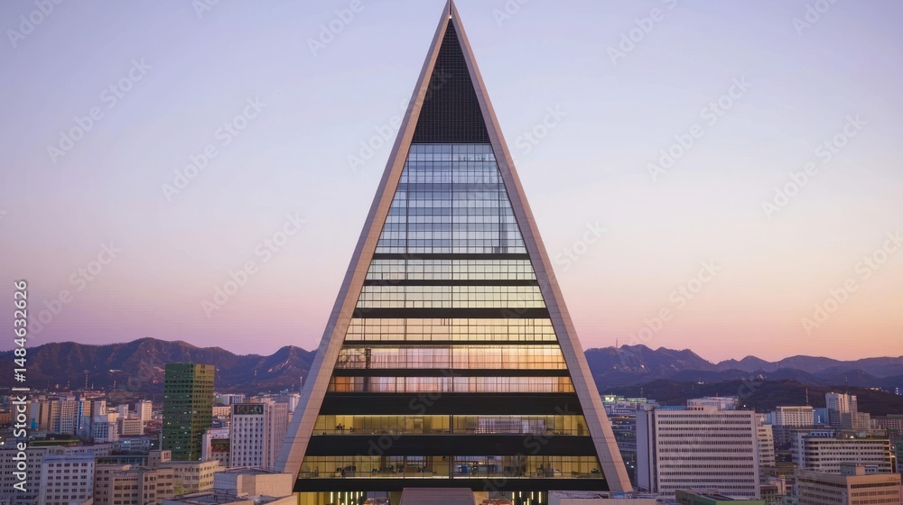 Aufkleber modern triangular skyscraper against a twilight sky.