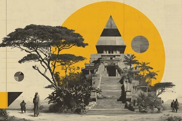 Ancient temple with travelers in surreal setting