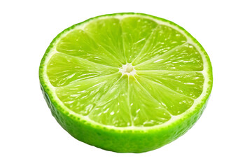 A single half cut lime with a vibrant green color and visible segments on a black isolated background