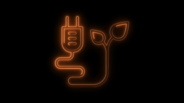 Neon style electric plug and leaf icon showing clean green energy solution