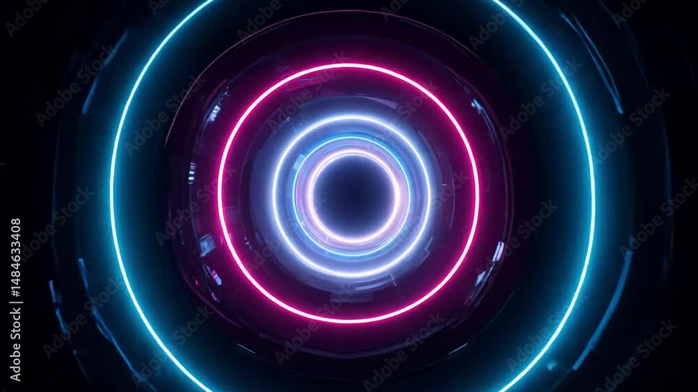 Poster a 360-degree video spins around a central point where multiple bold neon light beams create a futuri
