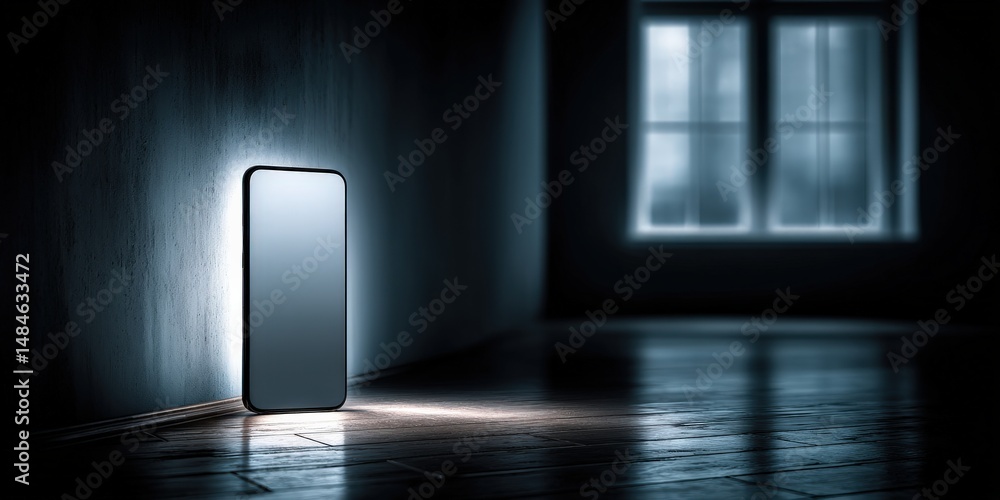 Poster illuminated smartphone in dark corner: a glowing smartphone stands alone in the shadows of a mysteri