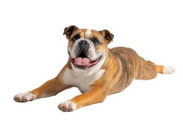 Bulldog showing off its comical side as it slides on its belly with legs stretched out and a playful grin, all captured in a bright studio setup highlighting its brindle coat