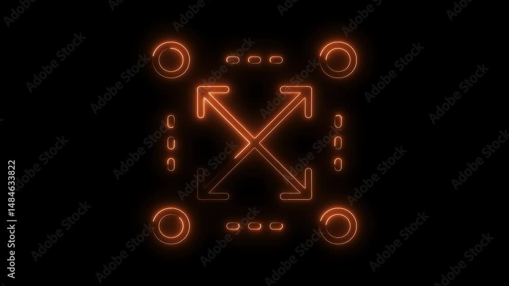 Poster glowing neon orange expand arrows animation with circles and dots on black background