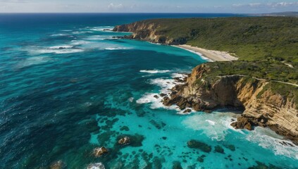 Fototapeta premium “Coastal cliffside with turquoise water below and dramatic lighting, aerial view”