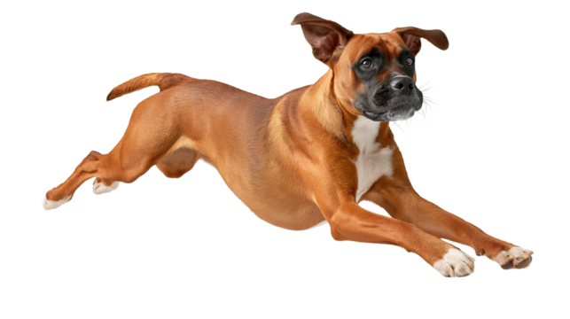 A Boxer dog leaps gracefully in mid-air, its athletic body twisted sideways, showcasing defined musculature and intense focus while playing with an invisible toy