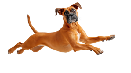 Boxer dog leaps mid-air, twisting gracefully while chasing an invisible toy. Its fawn coat glistens, showcasing defined musculature and an alert expression filled with focus and energy