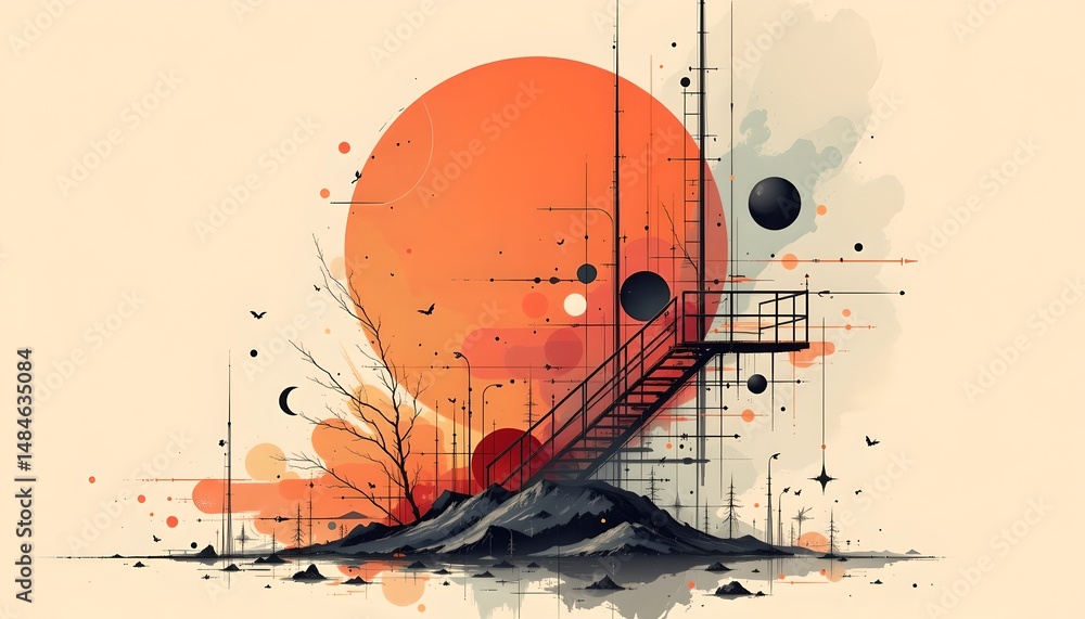 Poster enchanting abstract art piece featuring a sun and various shapes emphasizing avant-garde style