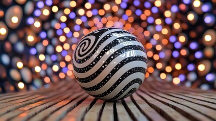 Fototapeta premium Black and White Sphere on Wooden Surface with Bokeh Lights