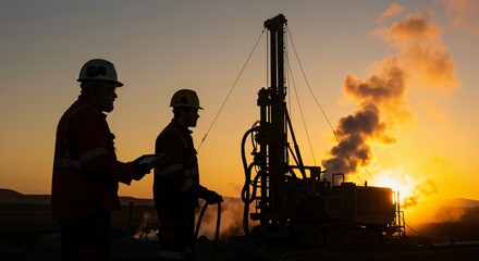 Two male engineers in hard hats silhouetted against a dramatic sunset, operating a large drilling rig at an industrial energy exploration site.