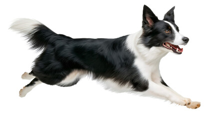 A Border Collie dashes sideways with remarkable speed, its black and white coat flowing gracefully. The dog's intense gaze and pricked ears highlight its focus and determination in motion