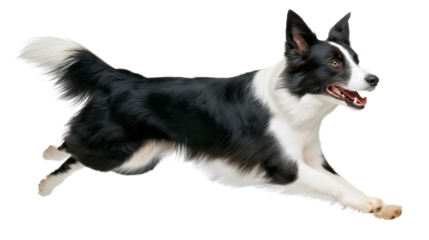 A Border Collie dashes sideways with remarkable speed, its black and white coat flowing gracefully. The dog's intense gaze and pricked ears highlight its focus and determination in motion