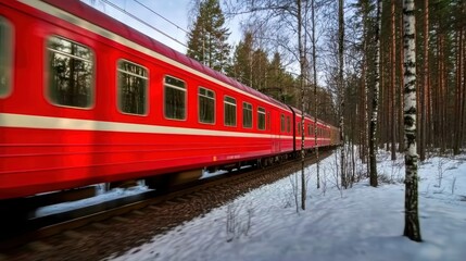 Obraz premium Red train moving through a snowy forest pathway.