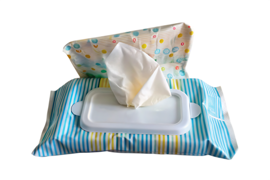 A close up of a pack of baby wipes with a white wipe sticking out on a black background image