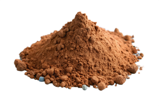 A pile of brown powder with small clumps and a few small blue objects at the base on black background