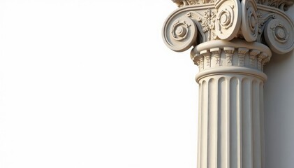 Elegant Roman column detail against stark white backdrop, white, white background, ionic
