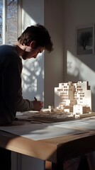 Architect testing shadow patterns with scale model