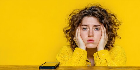 Solitary Weariness: A woman displays despondency and fatigue, with her head resting in her hands against a sun-yellow background, emphasizing feelings of solitude and dejection near her phone.