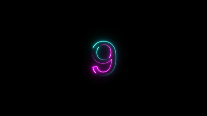 A dynamic glowing neon number 9 illustration. on a black background. and creating a stunning video.4k illustration.
