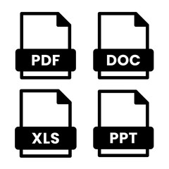 Set PDF, DOC, XLS, PPT file icon. Flat icon on transparent background. 