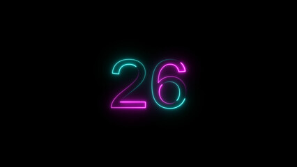 A dynamic glowing neon number 26 illustration. on a black background. and creating a stunning video.4k illustration.
