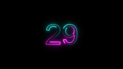 A dynamic glowing neon number 29 illustration. on a black background. and creating a stunning video.4k illustration.
