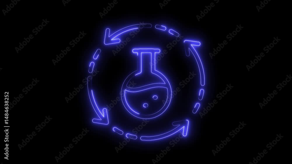 Poster rotating neon science flask with liquid and arrows on black background technology animation