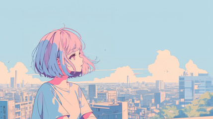 都会の空を眺めるかわいい女性
