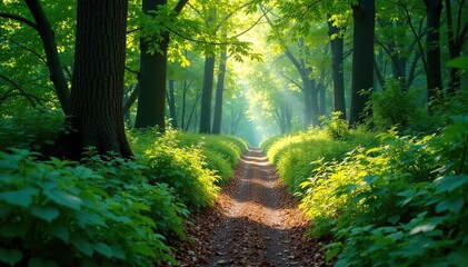 Obraz premium Narrow, overgrown forest path, dappled light filtering through, nature, shadow, trail