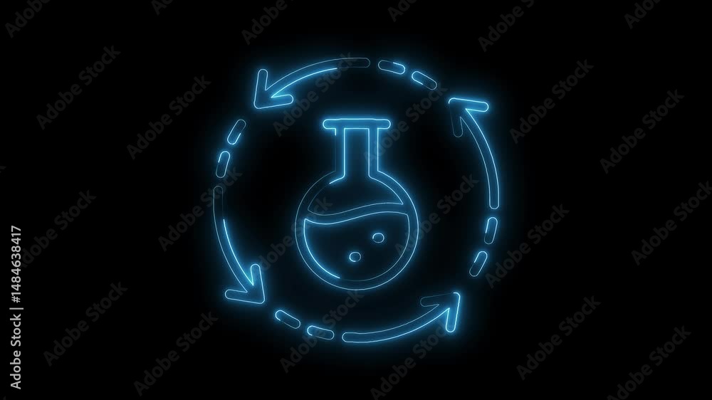 Poster Glowing outline of laboratory flask with arrows showing circular process on black background
