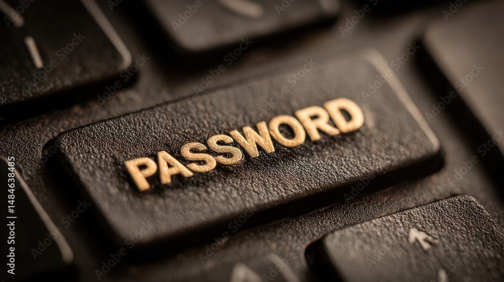 Poster password button: a close-up shot highlights a keyboard's password button, highlighting its central r