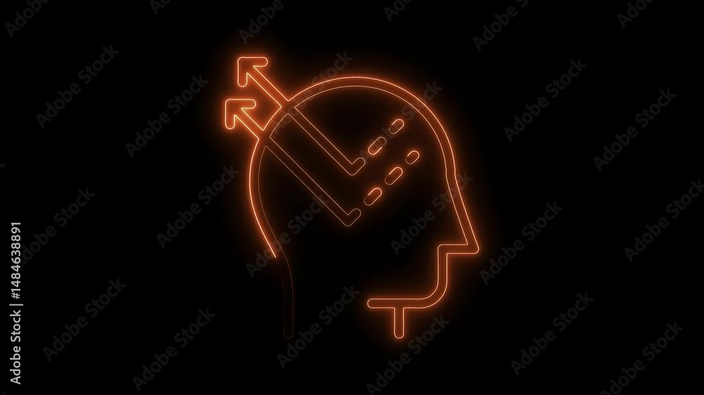 Poster glowing head silhouette with arrows illustrating decision making process animation on black backgrou