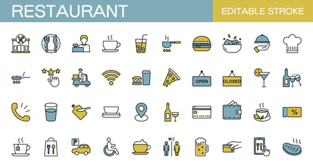 Colored restaurant icon set. Eatery, cafe, menu, cooking, drink, alcohol, and food delivery. Vector illustration. Editable stroke.